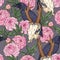 Deer skull and pink peony seamless pattern