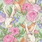 Deer skull and pink peony seamless pattern