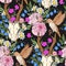 Deer skull and pink peony seamless pattern