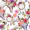 Deer skulls, flowers, dream catchers - dreamcatcher. Seamless pattern. Watercolor