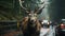 Deer standing on the road in front of car.Close up of a Red deer crossing a road in the Autumn, Wildlife in forest