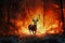 A deer stands in front of a forest engulfed in flames, highlighting the threat of a raging fire to wildlife and the environment