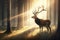 deer stands in serene meadow, with sunbeams shining down on its antlers