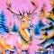 Deer in wintry landscape outdoor next to Christmas tree with gifts. Pink Illustration . AI generated. Illustration