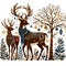 Deers dressed in holiday attire with christmas tree, bushes and the ornaments, cartoon style, white background