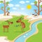 Deers happy for spring, thaw in forest vectore illustration. animal character watered flower, catch up with butterfly
