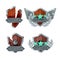 Defeat victory game badge vector icon set, level up rank medal award achievement, broken shield, star.