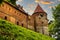 Defense walls and tower of medieval gothic Bytow Castle of Teutonic Order and Pomeranian Dukes in historic city center in Poland