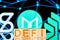 Defi concept. wooden blocks with the defi inscription on the background of the Synthetix, Maker, Compound logos.