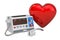 Defibrillator with red heart, 3D rendering