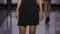 Defile attractive girl colorful dress. Catwalk model show vogue. Woman on podium