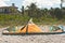 Deflated canopy for kiteboard in sand of a tropical beach