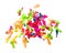 Deflated rubber colorful balloons fly in air. Many colorful deflated balloons in red, blue, yellow throw scatter. Toy for kid to