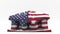 Deflating inflatable bank or government buiding with printed flag of the USA. American economic or political crisis