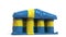 Deflating inflatable bank or government building with printed flag of Sweden. Swedish economic or political crisis