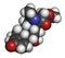 Deflazacort glucocorticoid drug molecule. 3D rendering. Atoms are represented as spheres with conventional color coding: hydrogen