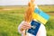 Defocus female hand holding and showing ukrainian passport, flag and wheat spikes of wheat tied and flag on the green
