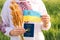 Defocus female hand holding ukrainian passport, flag and wheat spikes of wheat tied and flag on the green nature