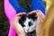 Defocus female hand stroking and caress cute adorable black and white cat, kitten with beautiful yellow eyes. Pet love