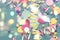 Defocus Festive confetti background heart candy color saturated.