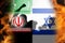 Defocus Israel Iran national flags. Protests man. News, reportage, business background. Israel vs Iran. Battle of two