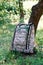 Defocus military backpack. Army bag on green grass background near tree. Military camouflage webbing material on a