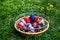 Defocus multicolored easter eggs. Decorated pysanka and krashanka. Wooden Basket With Easter Eggs In The Green Grass