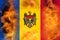 Defocus protest in Moldova. Moldova flag painted on fire flame background. Strength, Power, Protest concept. Russia war