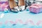 Defocus Set of women& x27;s holiday accessories shoes box gift Christmas balls Christmas poster pastel blurred background