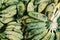 Defocus shot of exotic tropical fruit, green banana display at market stall