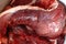 Defocus texture or background of tasty fresh meat of big, pork. Red beef meat close up texture. Meat food background