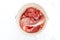 Defocus texture or background of tasty fresh meat of big, pork on white background. Red beef meat close up. Meat food