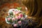 DEFOCUS Woman looking on bunch. A woman admires a gorgeous bouquet. The blonde looks at flower arrangement