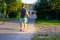 Defocus young man walking with a dog, siberian laika husky, in the village, countryside. Summertime, rear view. The pet