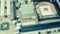 Defocused background of motherboard. Business, backup March 31st and technology concept. Blurry image of circuit board