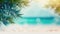 The defocused background showcases the tropical environment with palm trees, blue skies, and a serene ocean. Abstract background