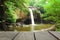 Defocused and blur image of terrace wood and waterfall for backg