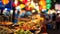 Defocused colorful lights and blurred silhouettes of bustling street food vendors creating a mouthwatering scene of