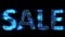 Defocused glitch electric light cybernetical blue text SALE, isolated - object 3D illustration