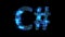 defocused glitch electrical light cybernetical blue text C#, isolated - object 3D illustration