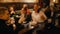Defocused: Happy Ukrainian friends chatting and drinking in bar during night out party