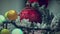 Defocused holiday lights of Christmas garland glowing about ornate red ball. Christmas video background
