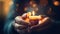 Defocused Hope Concept - Hands Holding Candle With Shining Flame And Blurry Lights, Generative ai