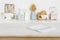 Defocused kitchen counter background with textile napkin and copy space