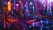 Defocused layers of dark and vibrant colors merge together in this futuristic cyberpunk cityscape creating an