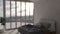 DEFOCUSED LOOPED BACKGROUND modern white interior animation. Winter time Window sunny snowy forest in the background. 3d