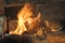 Defocused motion of flames above old mangal made from charred terracotta bricks covered with gray ashes. Bonfire in coal brazier