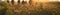 Defocused people on meadow field at the sunset. AI generative illustration