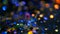 Defocused shimmering multicolored glitter confetti, black background. Holiday abstract festive bokeh light spots.