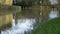 Defocused shot of pedestrian walking along high path next to flooded road. High quality